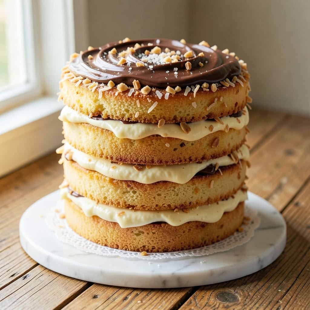 Almond Joy Layer Cake Recipe: Tropical Swirls and Crunchy Nuts in Every Bite