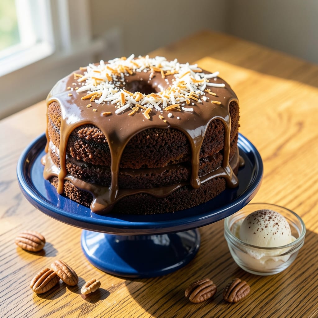 Amazing German Chocolate Cake Recipe: Boozy Rum Streusel Hugs Fudgy Layers